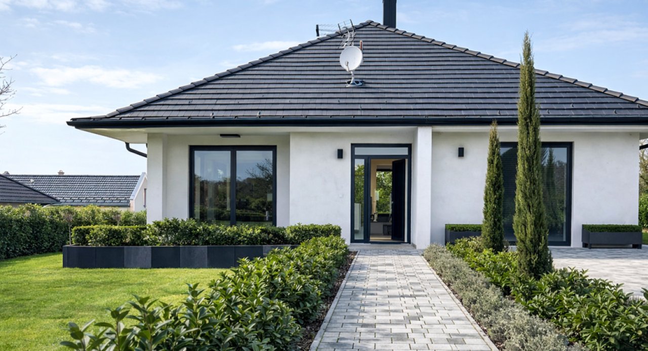 (AAA) Neubau, modernes Einfamilienhaus in einer ruhigen Straße (33388) — Moderne Architektur mit bodentiefen Fenstern und optimaler Raumöffnung zum Außenbereich