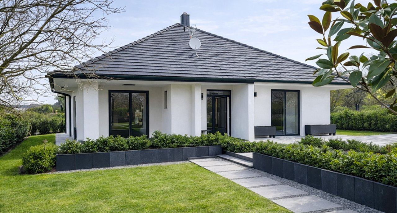 (AAA) Neubau, modernes Einfamilienhaus in einer ruhigen Straße (33388) — Moderne Architektur mit großflächigen Schiebeelementen und nahtloser Verbindung zum Außenbereich