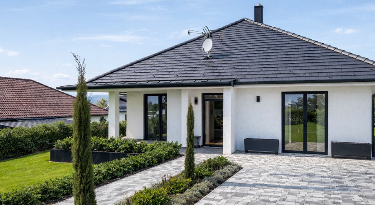 (AAA) Neubau, modernes Einfamilienhaus in einer ruhigen Straße (33388) — Modernes Einfamilienhaus mit großzügiger Glasfront und direktem Gartenanbindung