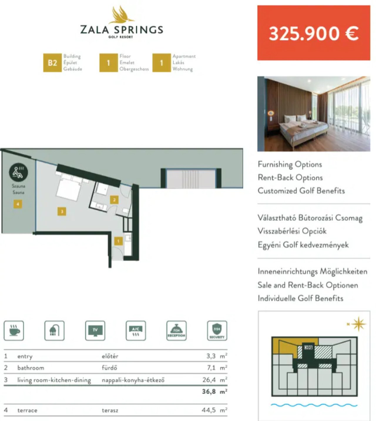 (AAA) Luxeriöses Apartment im besten Golf Resort Ungarns zur Eigennutzung oder Vermietung (ZSB2101)
